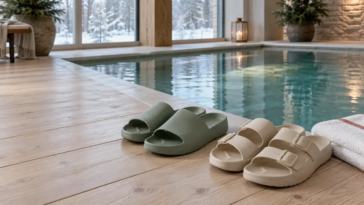 Grønne og beige slippers i skum ved kanten av et innendørs svømmebasseng, med et sammenbrettet hvitt håndkle