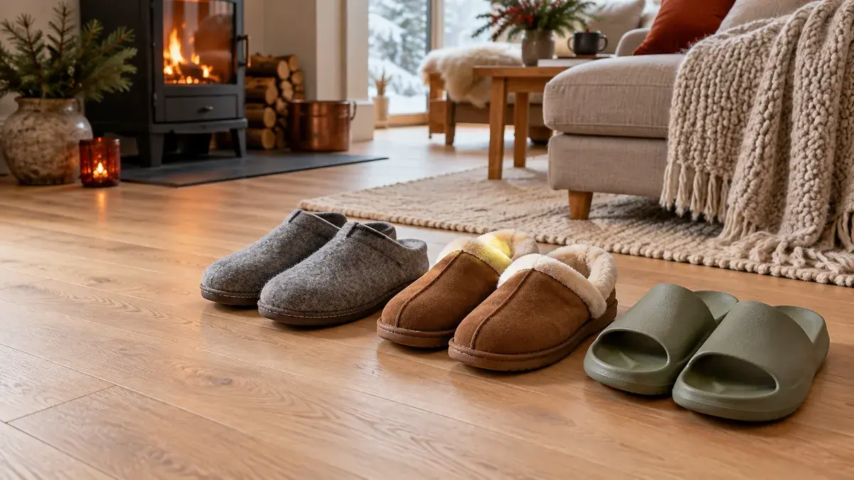 Tre par tøfler på et lyst eikegulv i en stue, grå ulltøfler, brune hjemmesko med plysjkrage og grønne slippers, med vedovn og strikkepledd i bakgrunnen