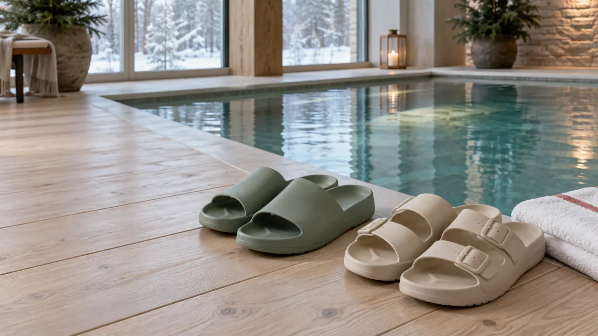 Grønne og beige slippers i skum ved kanten av et innendørs svømmebasseng, med et sammenbrettet hvitt håndkle